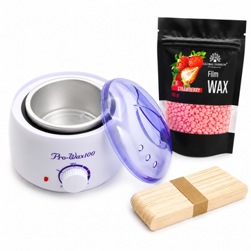 Set Epilare Profesional Pro Wax 100 + Ceară Film Wax Căpșuni 100g + 100 Spatule din Lemn | Kit Complet Epilare Acasă & Salon