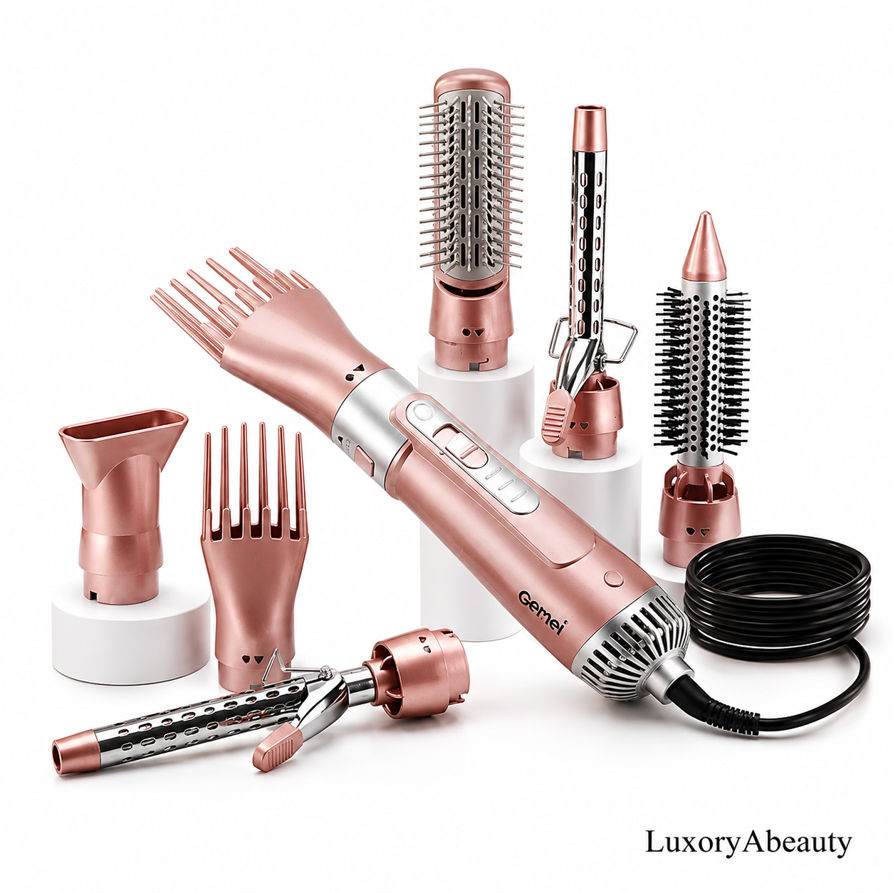 Uscător de Păr Profesional 7 în 1 Gemei GM-4831, 2200W - Display LED, 7 Accesorii Interschimbabile, Peri Retractabili, Cablu Rotativ 360° și Culoare Pink: Styling de Salon, Volum și Protecție Termică