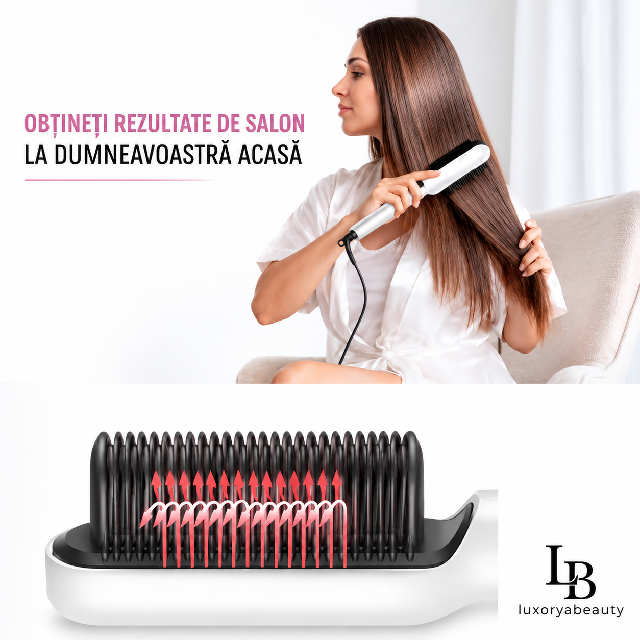 Perie de Îndreptat Părul cu Înveliș Ceramic și Temperatură Reglabilă în 5 Trepte – Încălzire Rapidă, Anti-Frizz, Styling Profesional | LuxoryaBeauty