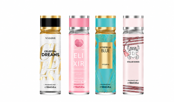 Set Sprayuri Parfumate Damă cu sclipici V.V.LOVE VL9058-76 – 4 Arome Exclusive, 100 ml fiecare, Body Mist pentru Corp și Păr