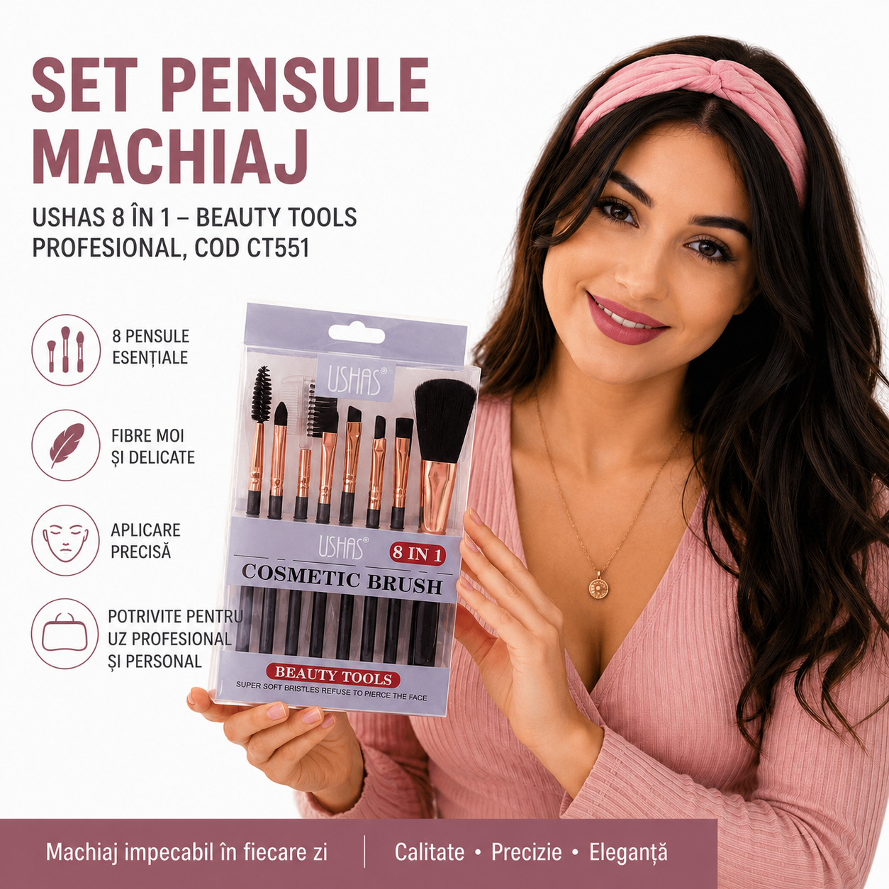 Set 8 Pensule Machiaj USHAS – Kit Profesional pentru Machiaj Complet, Fibre Moi, Aplicare Precisă, Ideal pentru Începători și Profesioniști