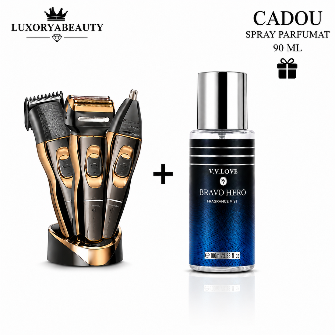 Aparat de tuns si ras multifuncțional 3 în 1 + Spray parmufat barbati 90 ml cadou