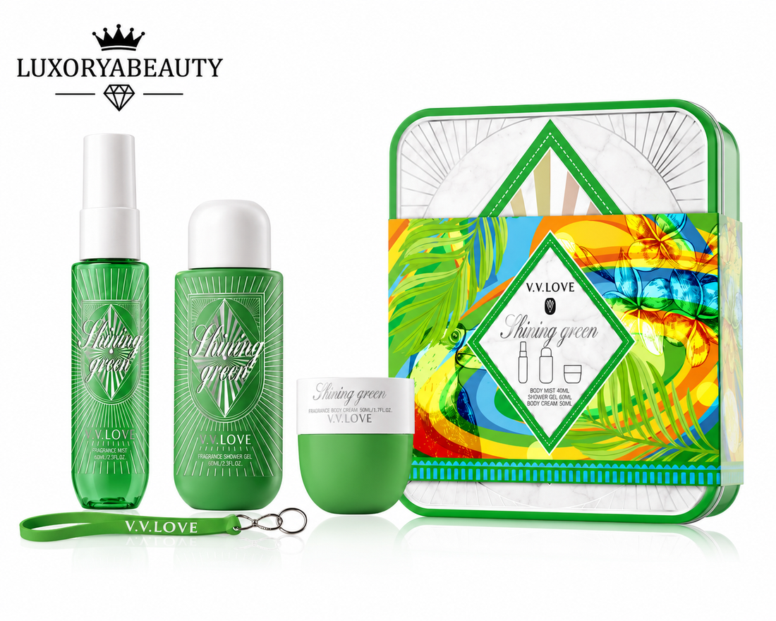 Set Cadou Shining Green – Spray de corp 40 ml, Cremă de Corp 50 ml și Gel de Baie 90 ml
