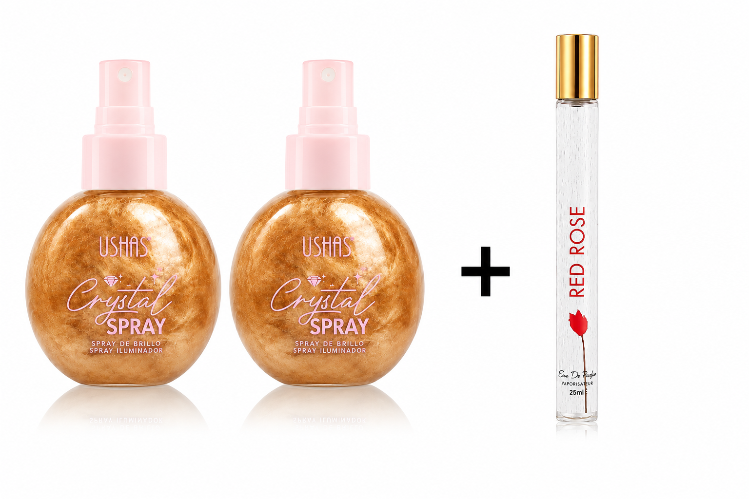 Set 2 Iluminatoare pentru Față și Corp USHAS Crystal Spray + Parfum Cadou 35 ml – Efect Strălucitor, Finish Luminos