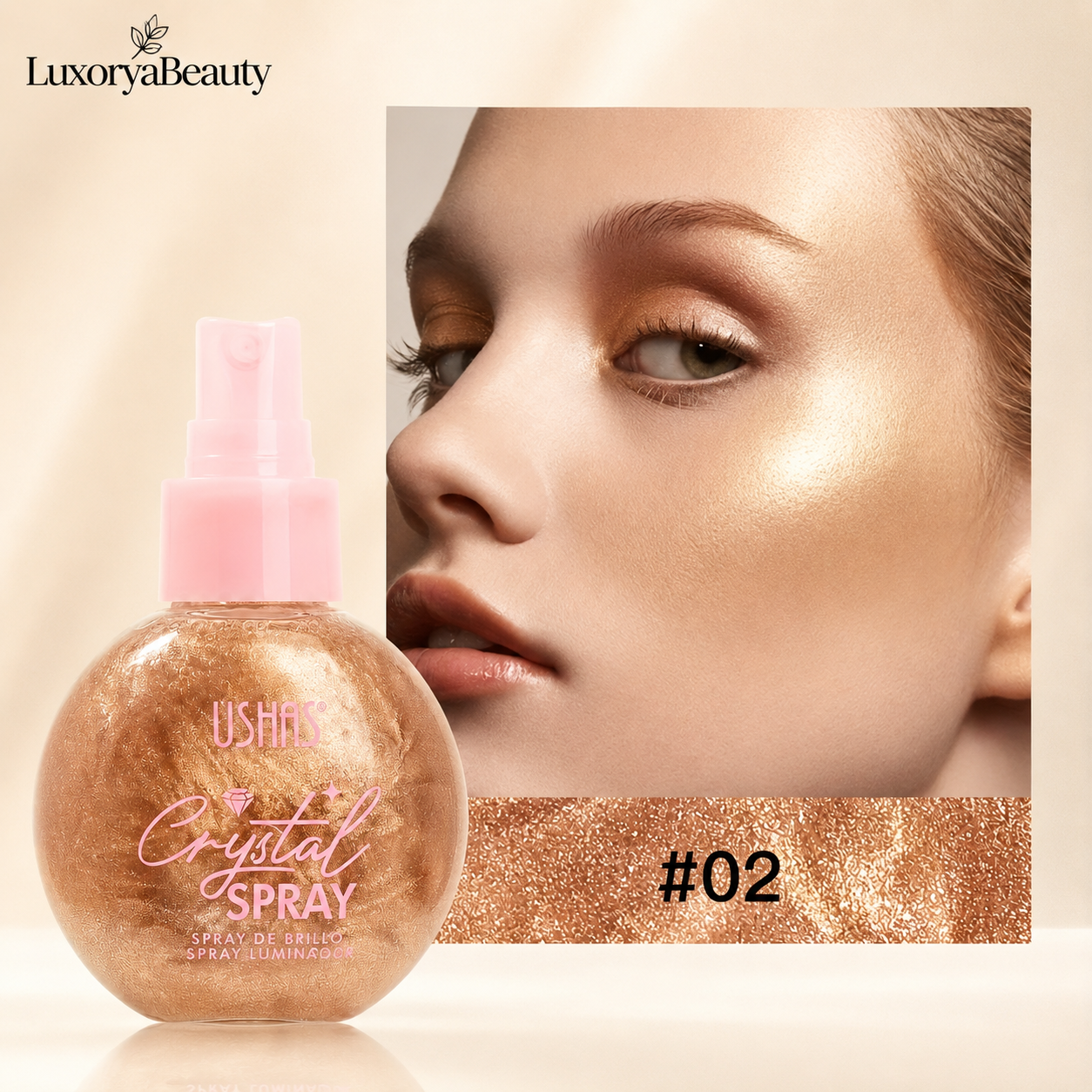Spray Iluminator Față & Corp USHAS UC103A 02 Crystal Spray – Efect Strălucitor cu Particule Fine Shimmer