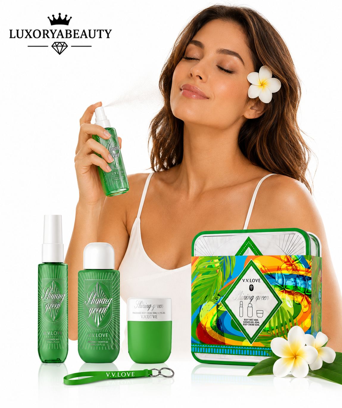 Set Cadou Shining Green – Spray de corp 40 ml, Cremă de Corp 50 ml și Gel de Baie 90 ml