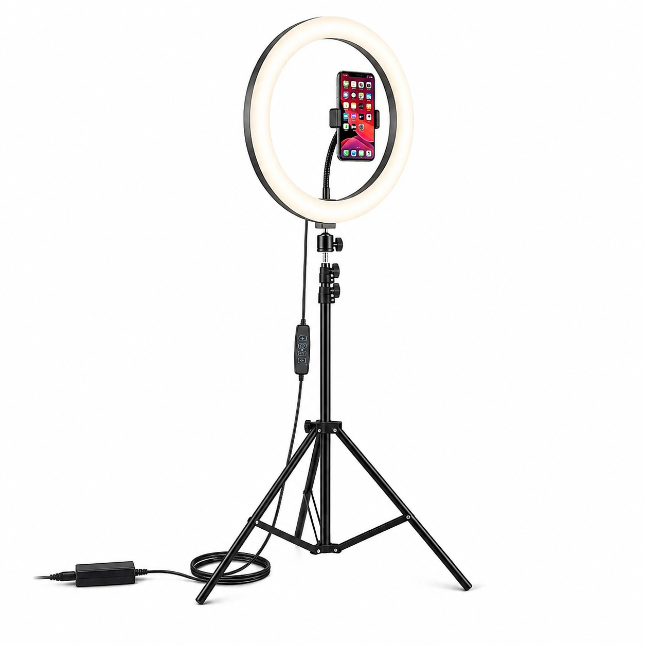 Lampa Circulară Ring Light DLUX - Diametru 33 cm, Trepied Profesional Reglabil până la 2.1 m, Suport Telefon Universal și 3 Moduri de Lumină: Iluminare Profesională pentru Machiaj, Foto-Video și Live