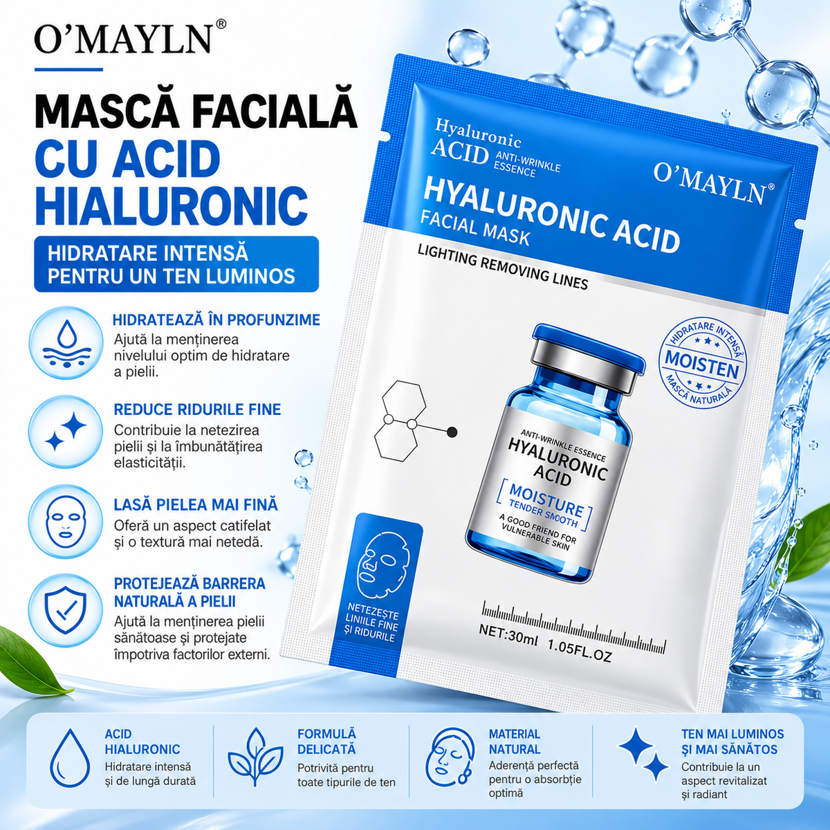Set 10 Măști Faciale cu Acid Hialuronic, Tip Șervețel – Hidratare Intensă, Piele Catifelată și Aspect Luminos
