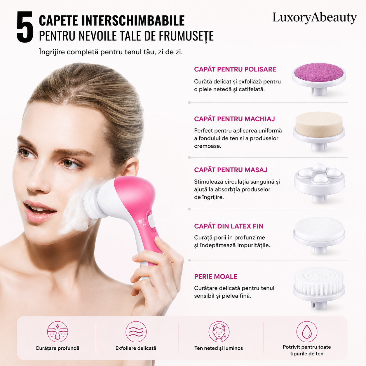 Set Perie Electrică pentru Curățarea Tenului cu 5 Capete + Scrub Facial 3Q Beauty Yara 350 ml – Exfoliere și Îngrijire Profundă