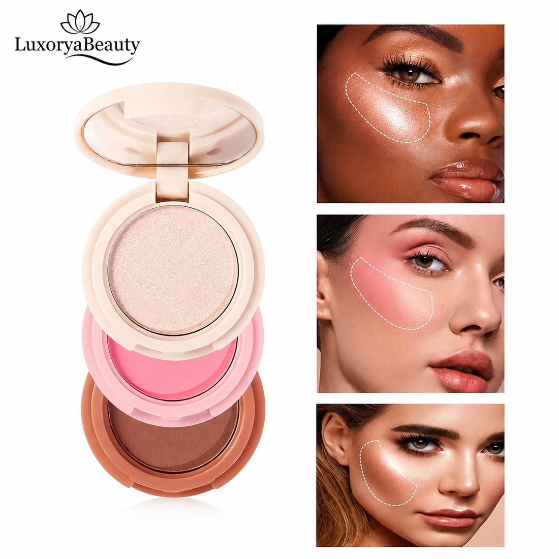 Paletă Iluminator, Blush și Contouring 01 Handaiyan 3 în 1 Palette H3013 - Culori Mixte, Finish Natural și Luminos