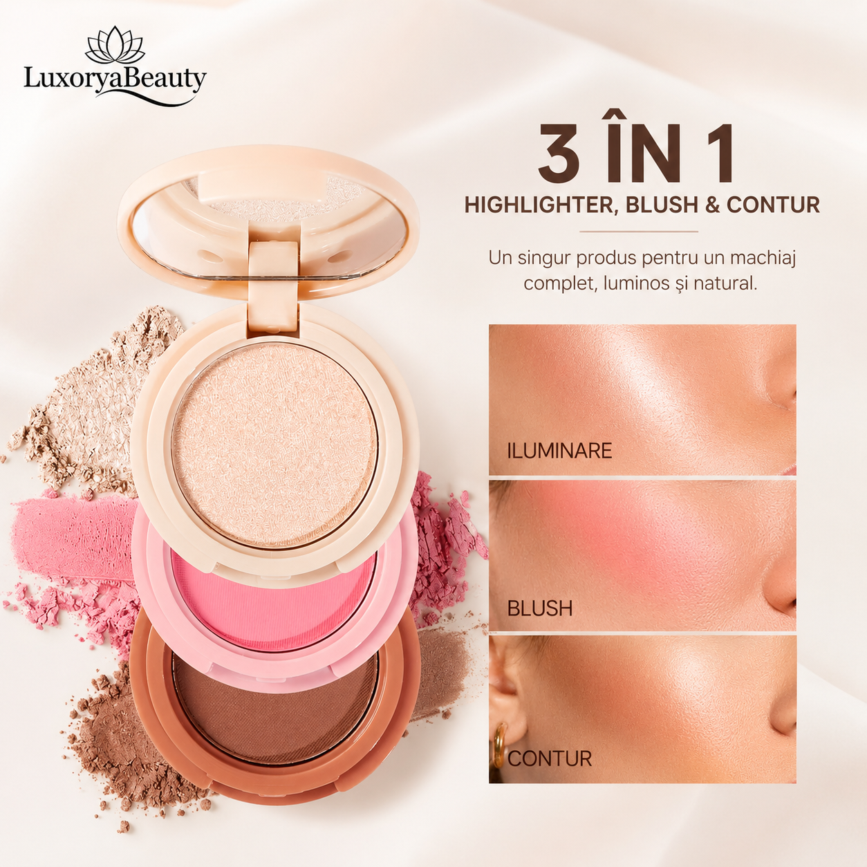 Paletă Iluminator, Blush și Contouring 01 Handaiyan 3 în 1 Palette H3013 - Culori Mixte, Finish Natural și Luminos