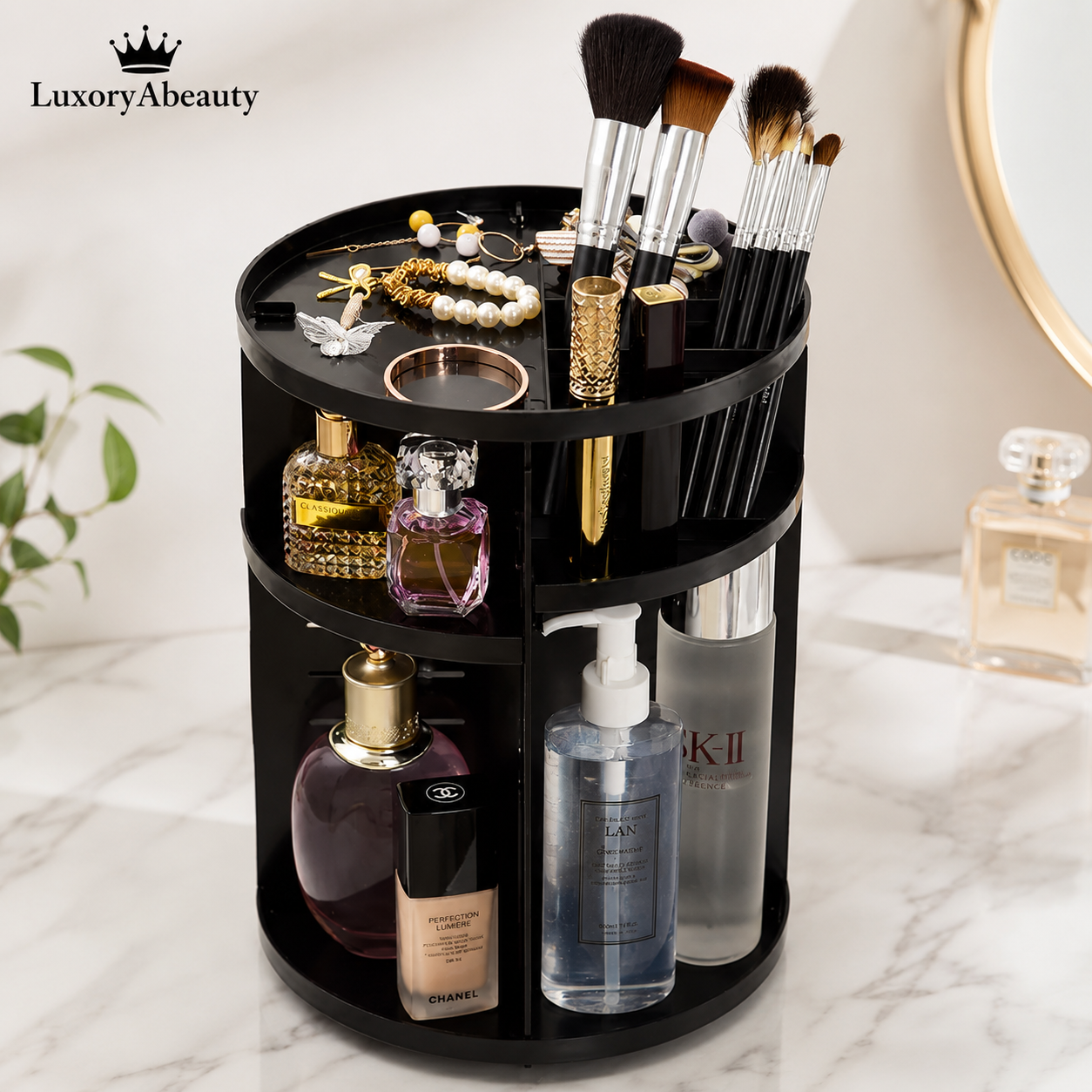 Organizator Cosmetice Rotativ 360° - Suport Multifuncțional pentru Machiaj, Parfumuri, Lacuri de Unghii și Accesorii, Spațios și Practic pentru Baie sau Dormitor