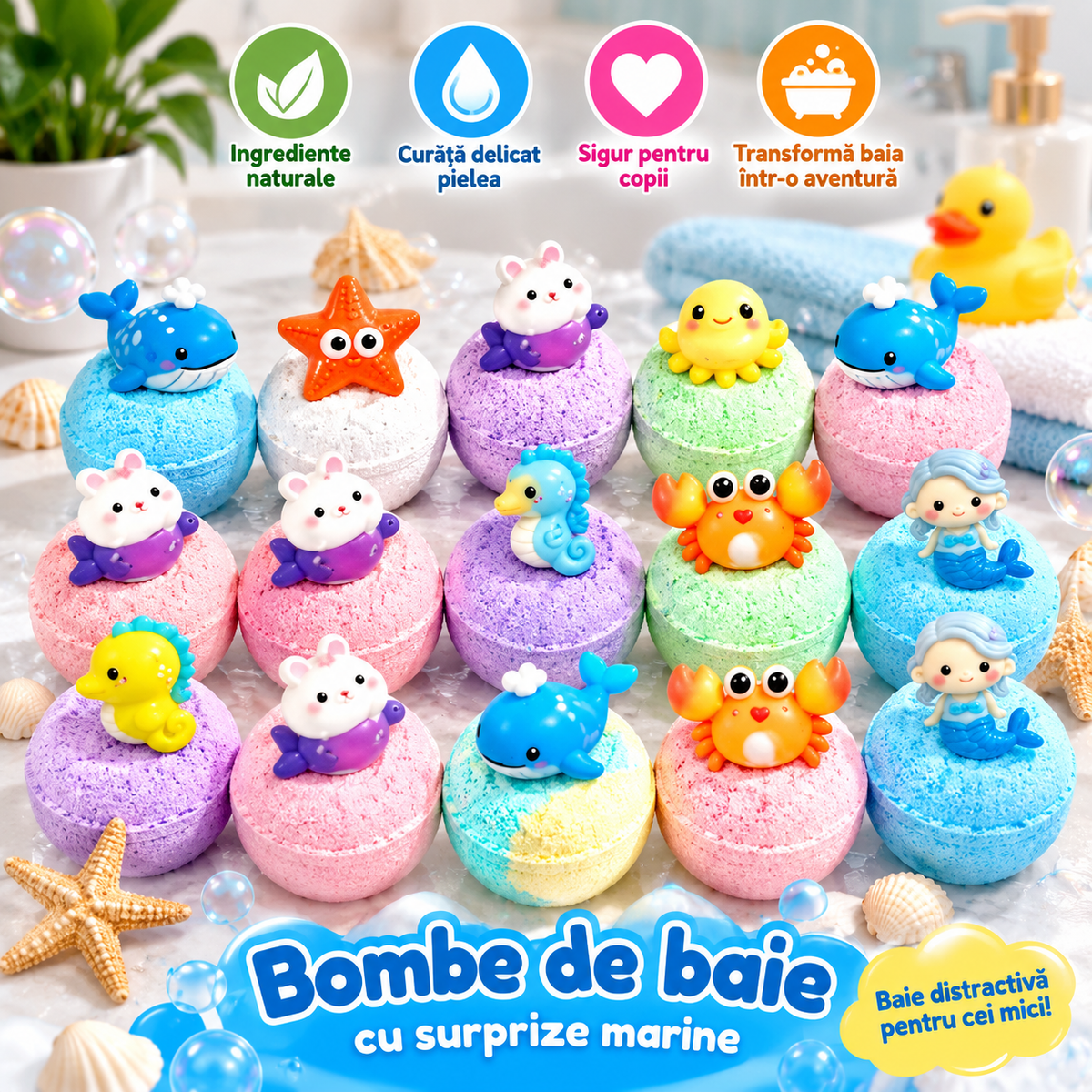 Set 12 Bombe de Baie Efervescente cu Surprize Marine – Colorate și Parfumate