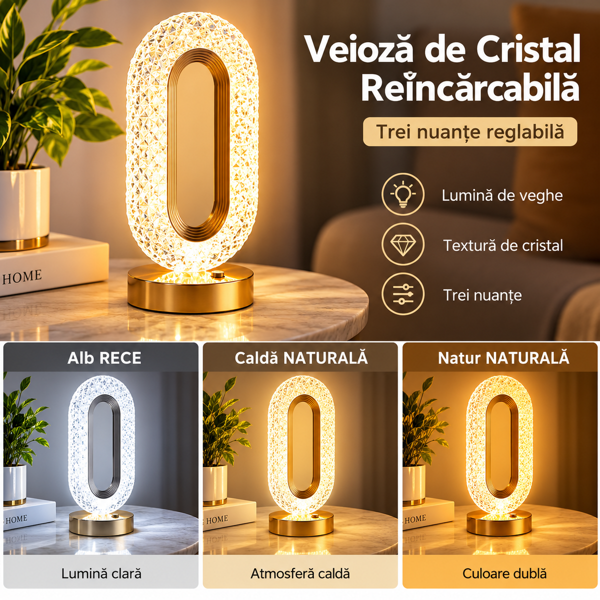 Lampă LED Decorativă 26x12x10cm, Ovală cu Suport si Touch Control, Model Cristal cu 3 Moduri de Lumina