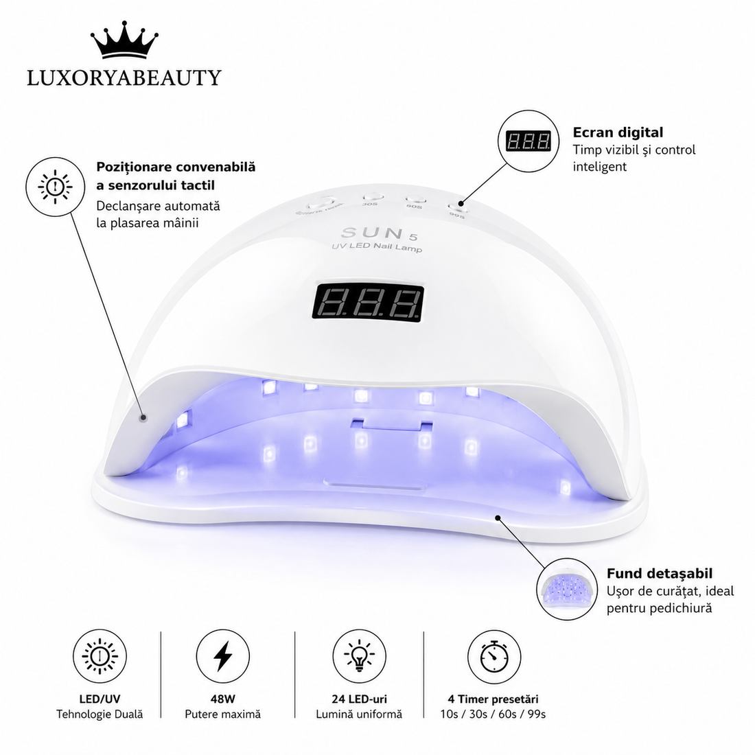 Lampă UV LED SUN5 48W cu Display Digital și 24 LED-uri – Uscare Rapidă pentru Gel UV, Ojă Semipermanentă și Polygel | LUXORYABEAUTY