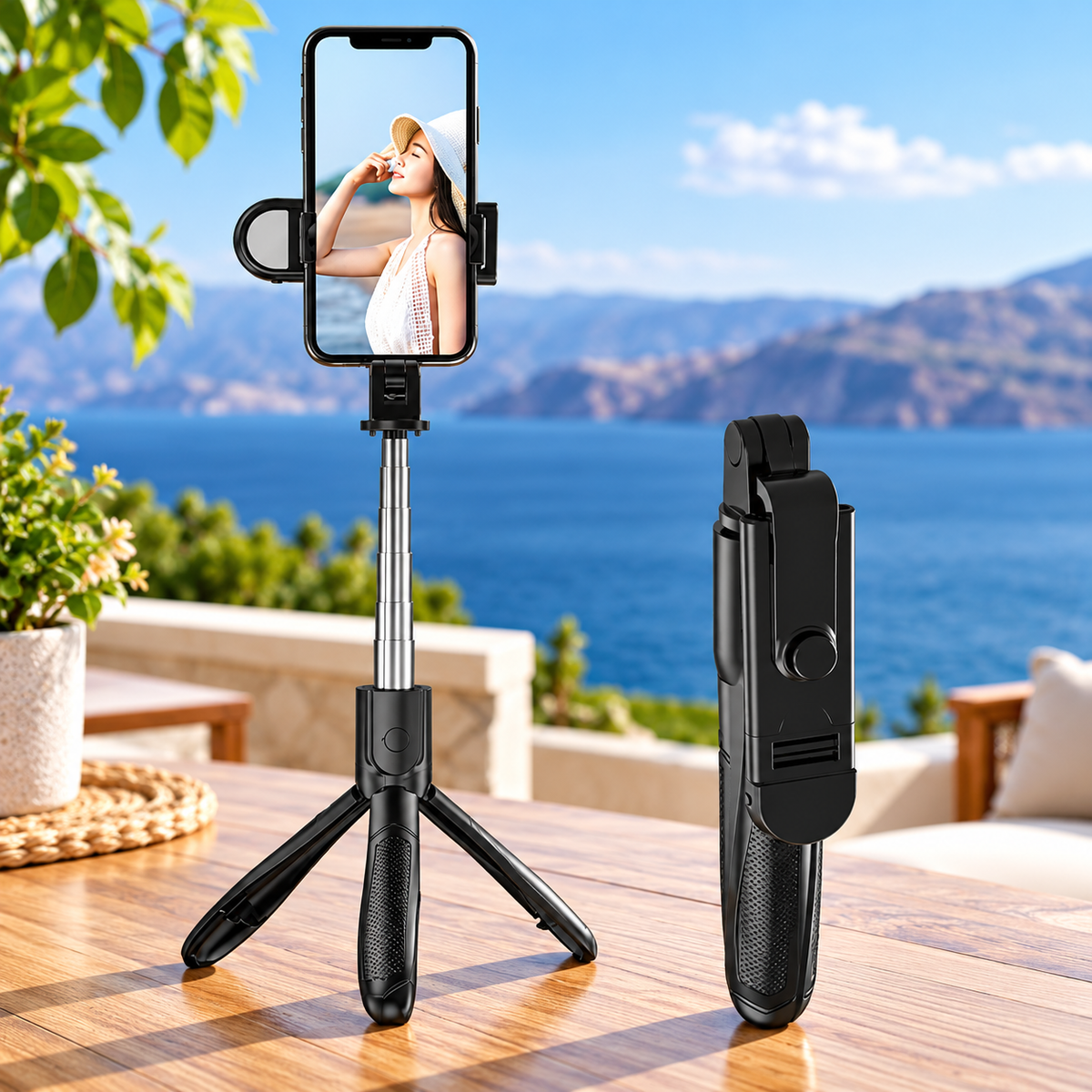 Selfie stick Bluetooth cu trepied si LED,  extensibil 100 cm, Negru