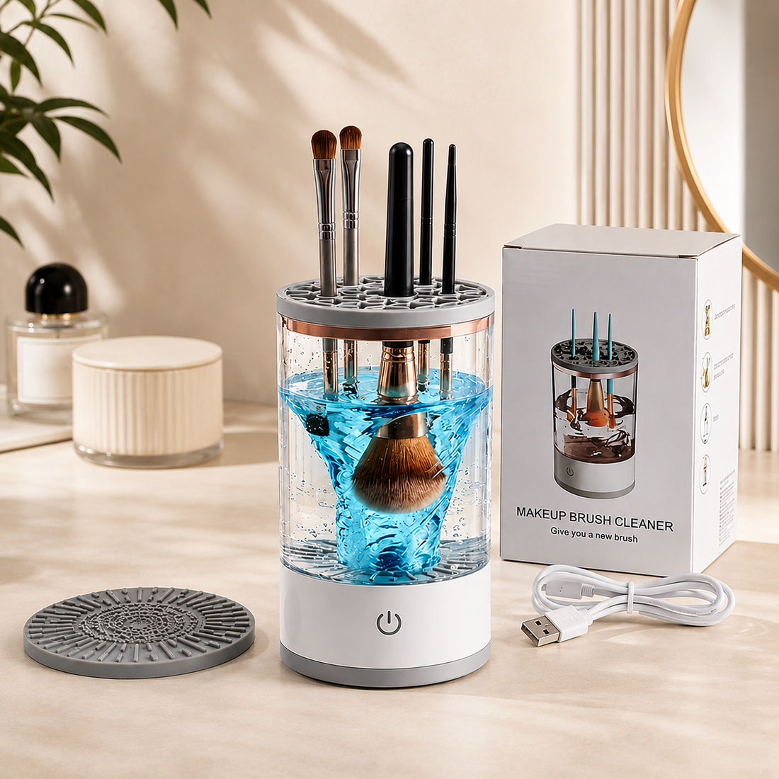 Aparat Electric pentru Curățat Pensule de Machiaj - Sistem Rotativ 2-în-1 (Spălare și Uscare), Compatibilitate Universală, 8 Gulere Reglabile și Bol Inclus