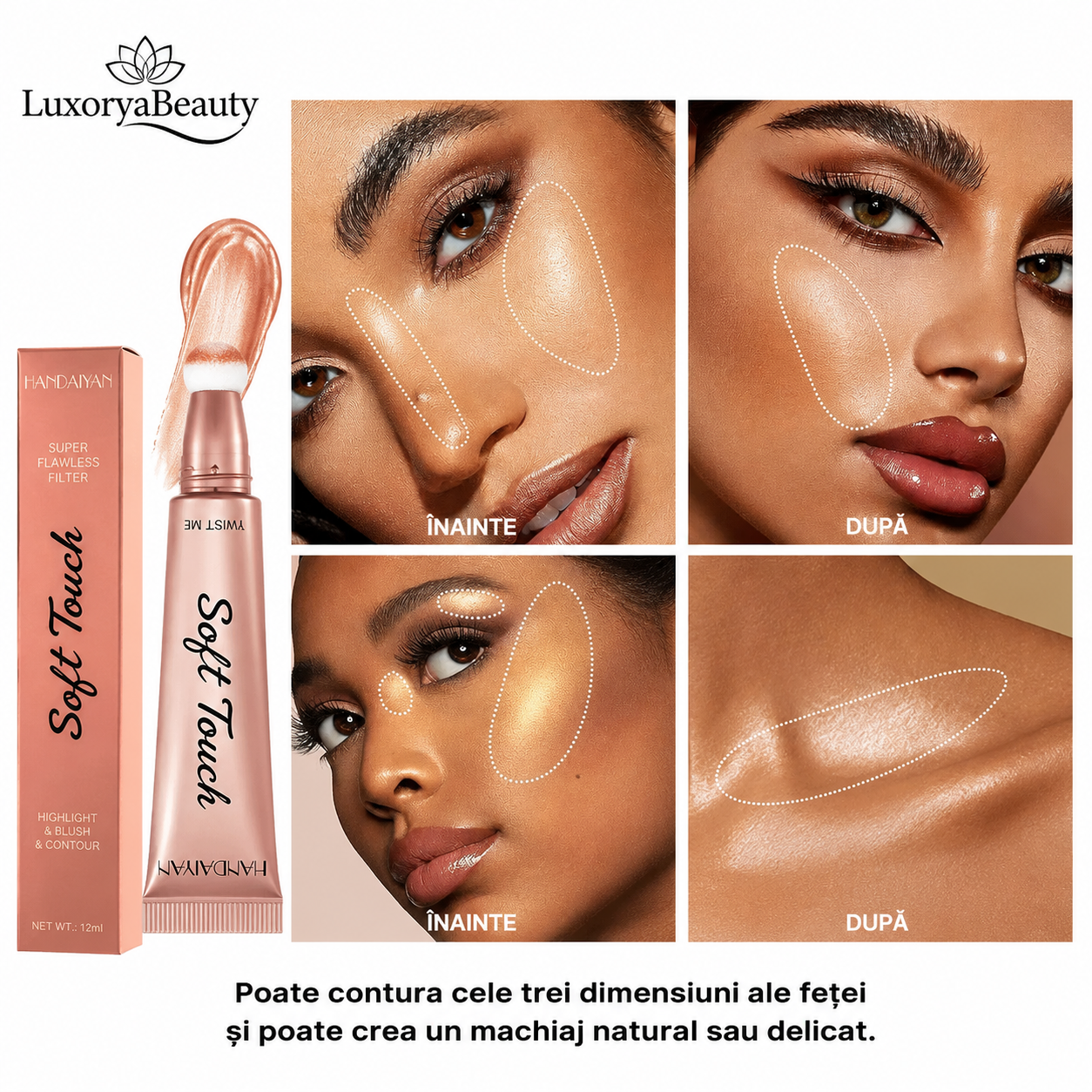 Blush, Iluminator & Contur cu Burete Handaiyan Soft Touch – 3 în 1, Aplicator Cushion, Finish Natural și Luminos