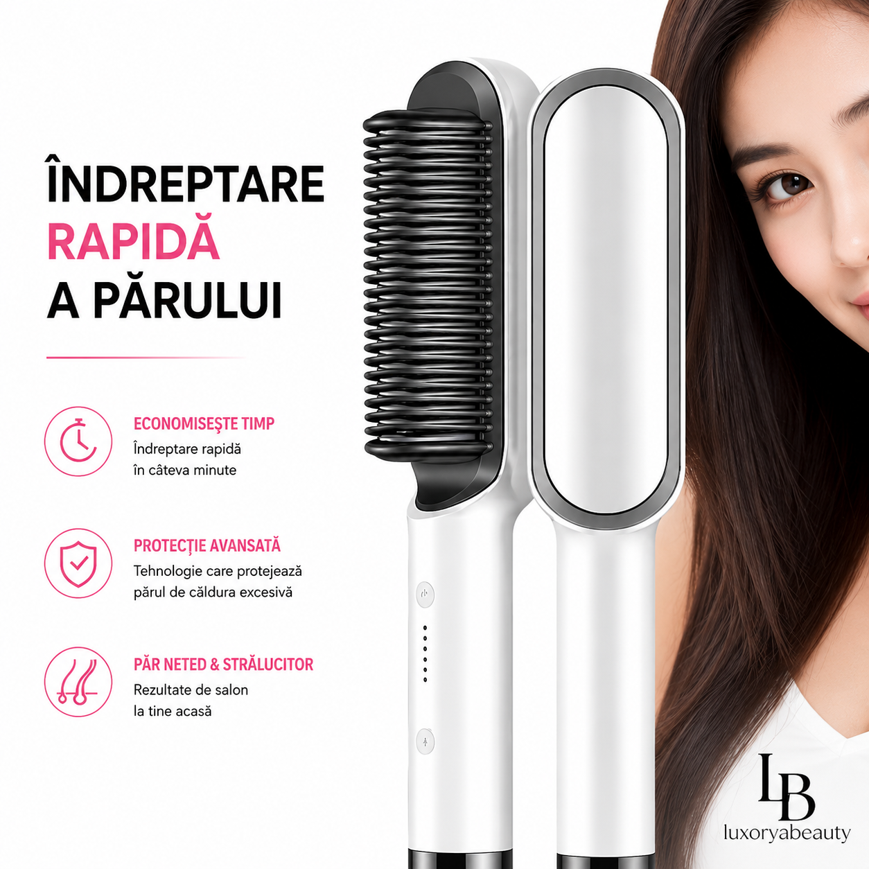Perie de Îndreptat Părul cu Înveliș Ceramic și Temperatură Reglabilă în 5 Trepte – Încălzire Rapidă, Anti-Frizz, Styling Profesional | LuxoryaBeauty