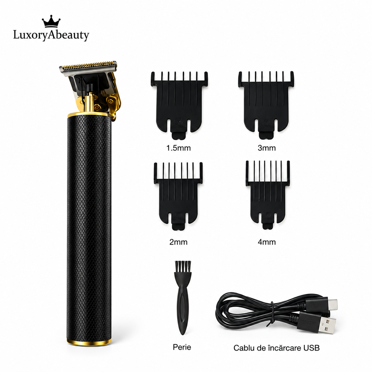 Mașină Profesională de Tuns Eliandeco pentru Barbă și Contur, USB, cu 4 Capete Interschimbabile