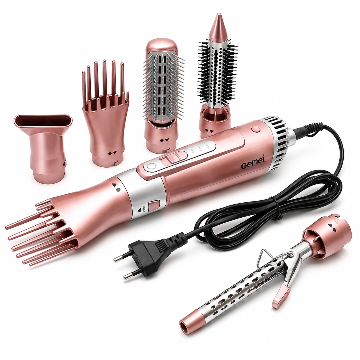 Uscător de Păr Profesional 7 în 1 Gemei GM-4831, 2200W - Display LED, 7 Accesorii Interschimbabile, Peri Retractabili, Cablu Rotativ 360° și Culoare Pink: Styling de Salon, Volum și Protecție Termică