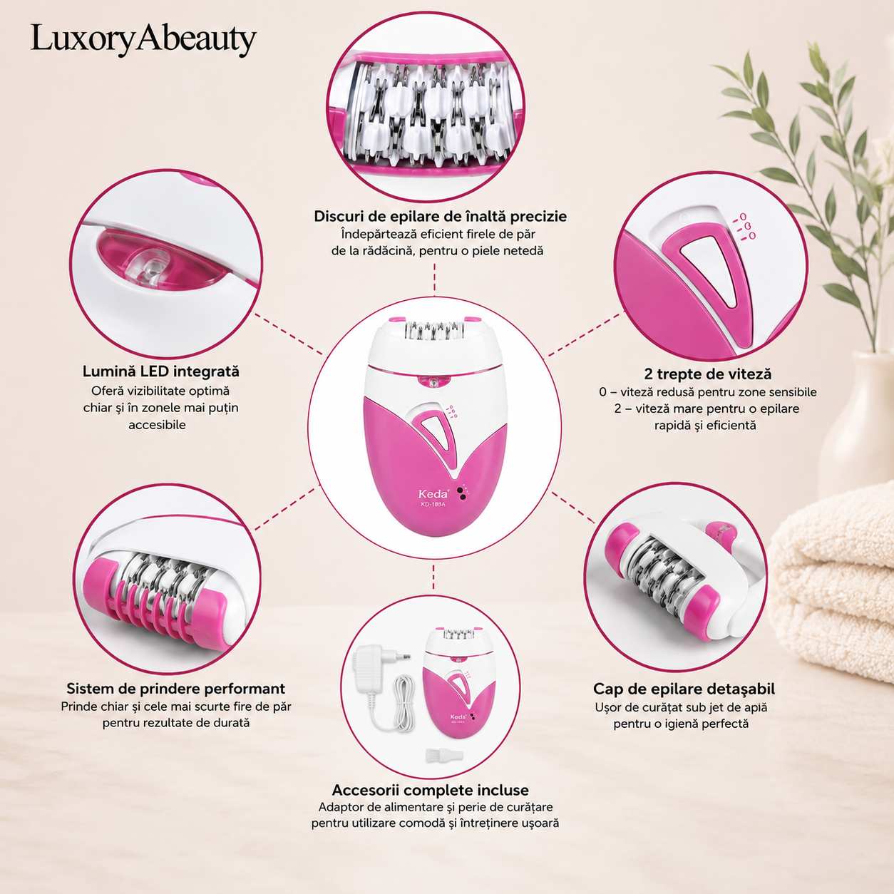 Epilator Electric pentru Femei - 9 Pensete, Lamă Titan, Umed și Uscat, Portabil