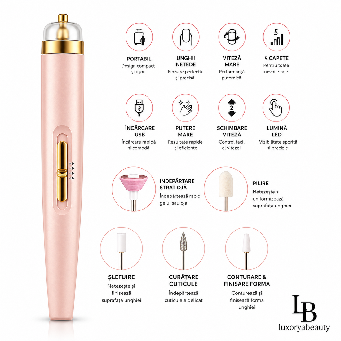 Freza Electrică pentru Unghii Profesională – Manichiură și Pedichiură, 5 Capete, Lumină LED, Încărcare USB, Portabilă | LuxoryaBeauty
