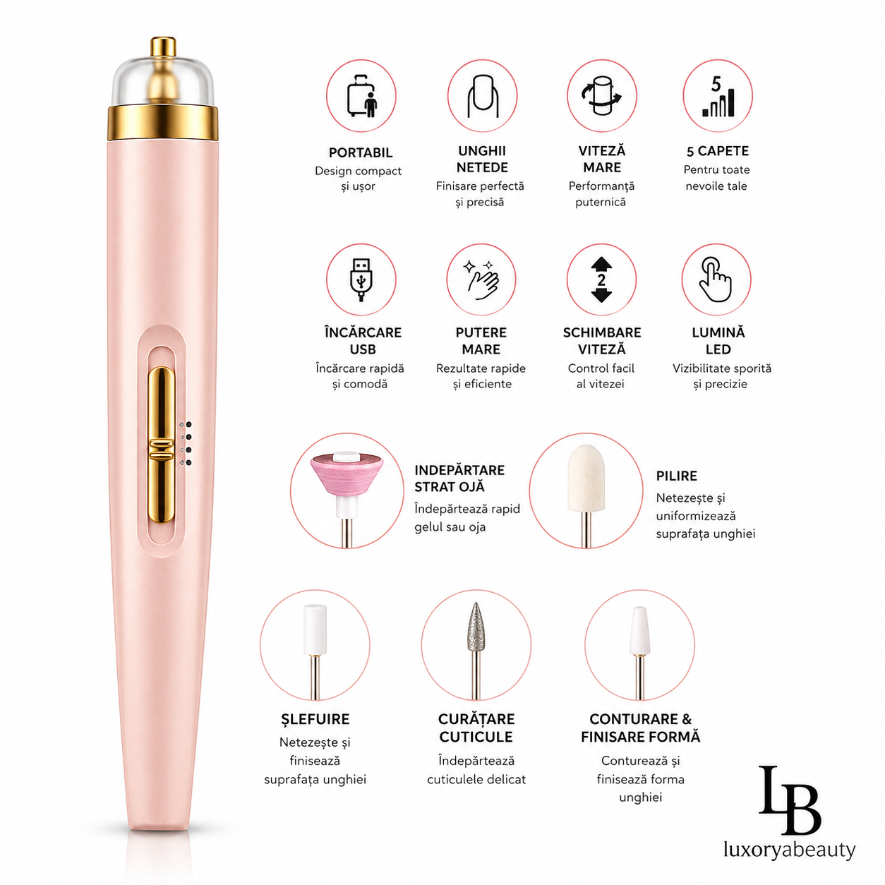 Freza Electrică pentru Unghii Profesională – Manichiură și Pedichiură, 5 Capete, Lumină LED, Încărcare USB, Portabilă | LuxoryaBeauty