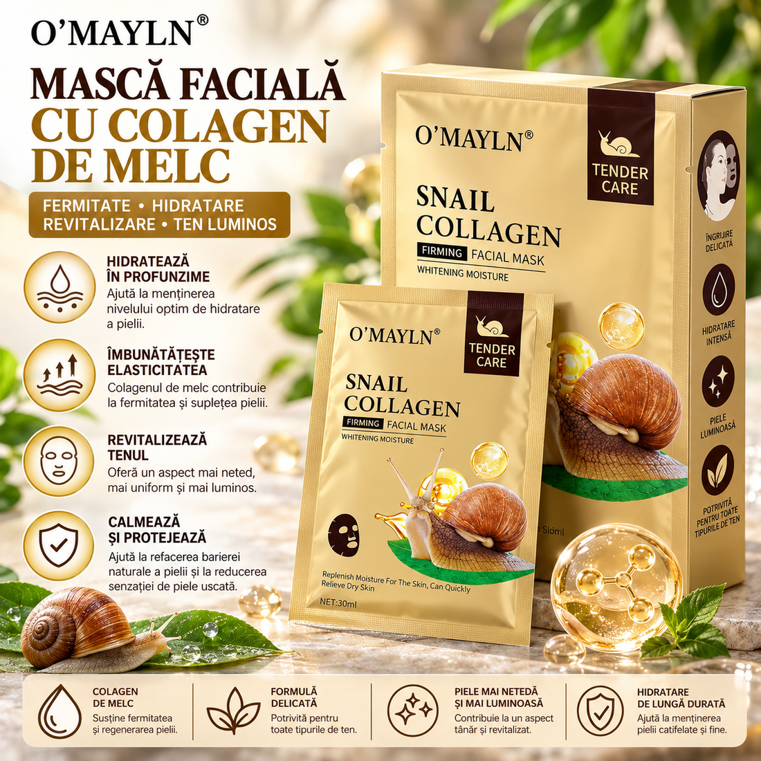 Set 10 măști faciale cu colagen și extract de melc – hidratare, fermitate și îngrijirea tenului