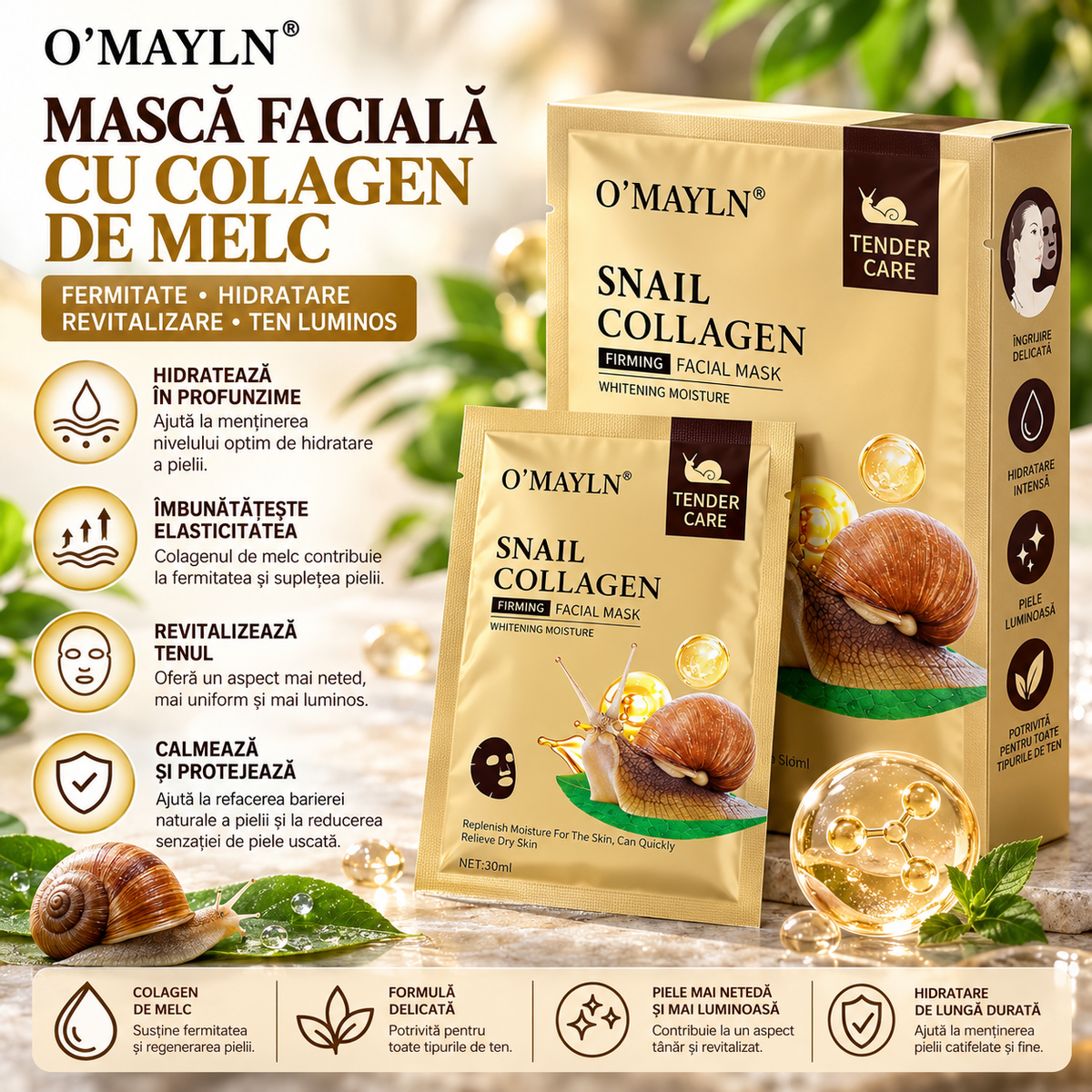 Set 10 măști faciale cu colagen și extract de melc – hidratare, fermitate și îngrijirea tenului
