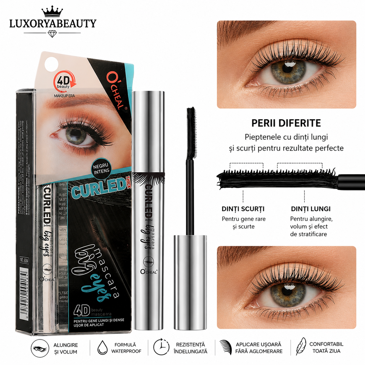 Rimel Negru Ocheal Curled Big Eyes 4D – Efect de Gene Alungite și Separate, Volum Natural, Curbare Intensă, Rezistență Îndelungată  F1/H534