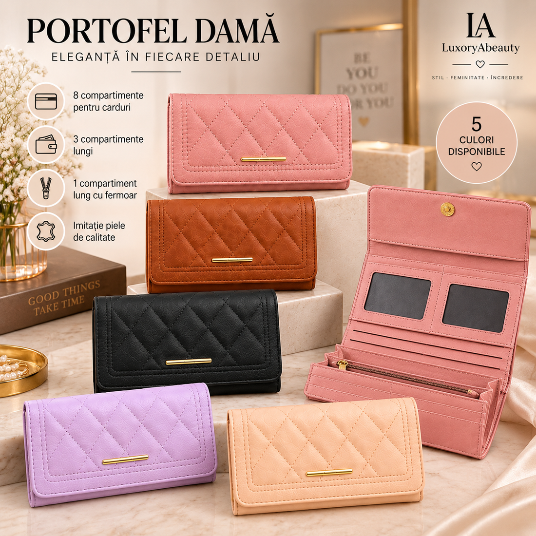 Portofel Damă Mare 20 × 10 cm – 5 culori, 8 Compartimente pentru Carduri, Portofel Elegant și Practic
