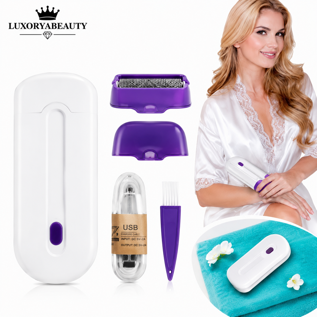 Epilator Portabil cu LED și Tehnologie Sensa-Light Fără Durere, Reîncărcabil USB pentru Față, Brațe și Picioare + Parfum Feminin Elegant 35 ml Cadou