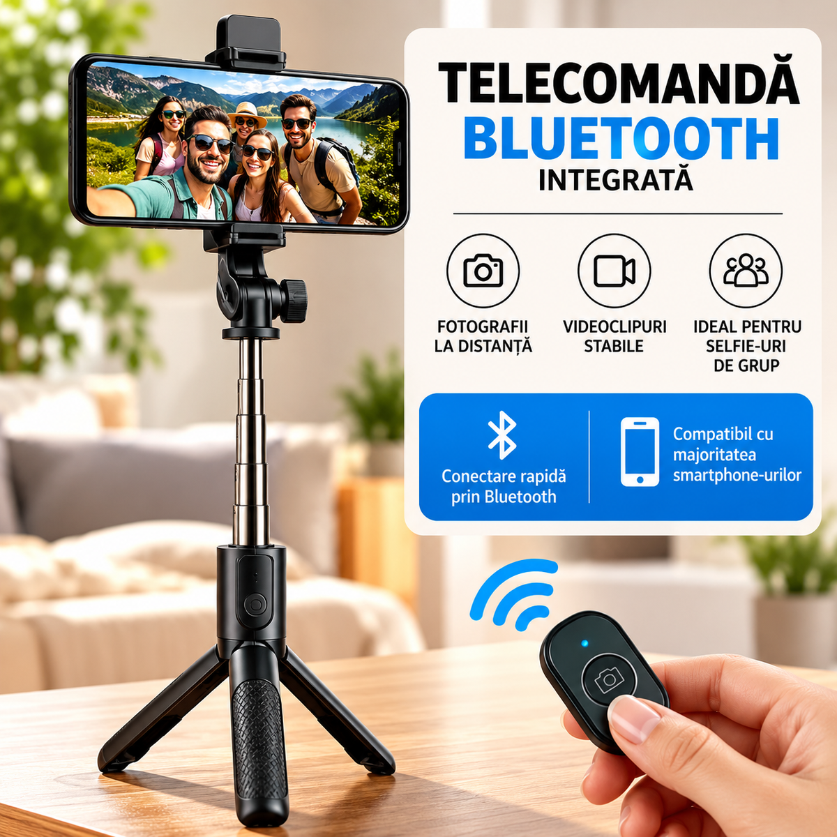 Selfie stick Bluetooth cu trepied si LED,  extensibil 100 cm, Negru