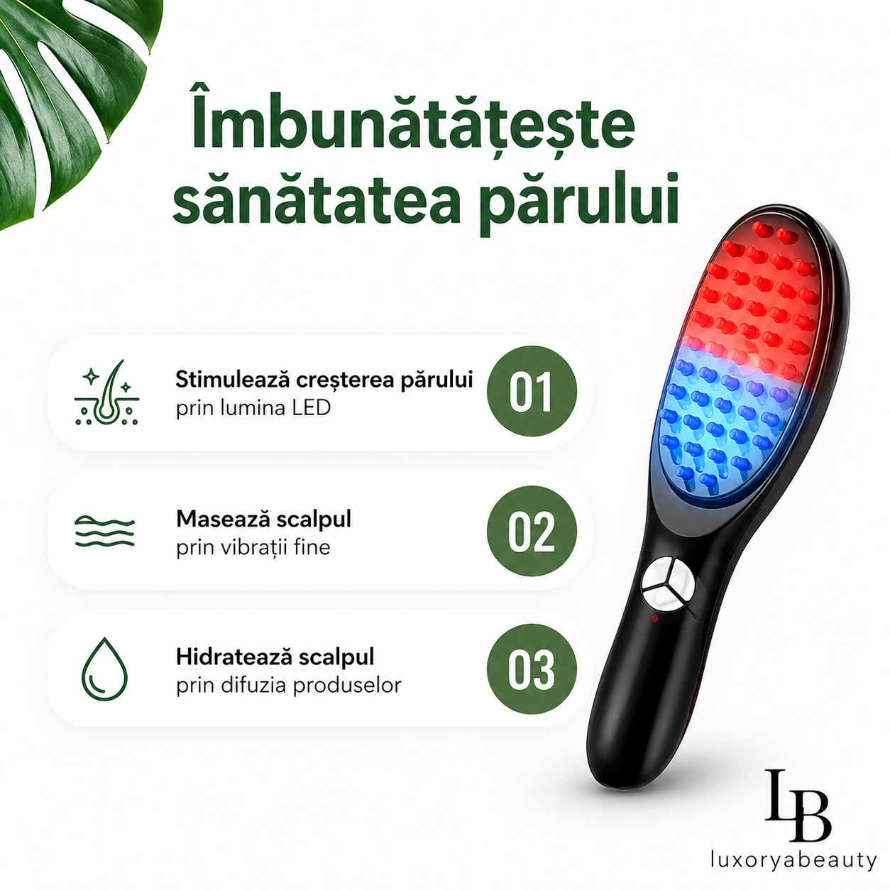 Perie de Masaj 4 în 1 pentru Creșterea Părului cu LED și Vibrații – LuxoryaBeauty