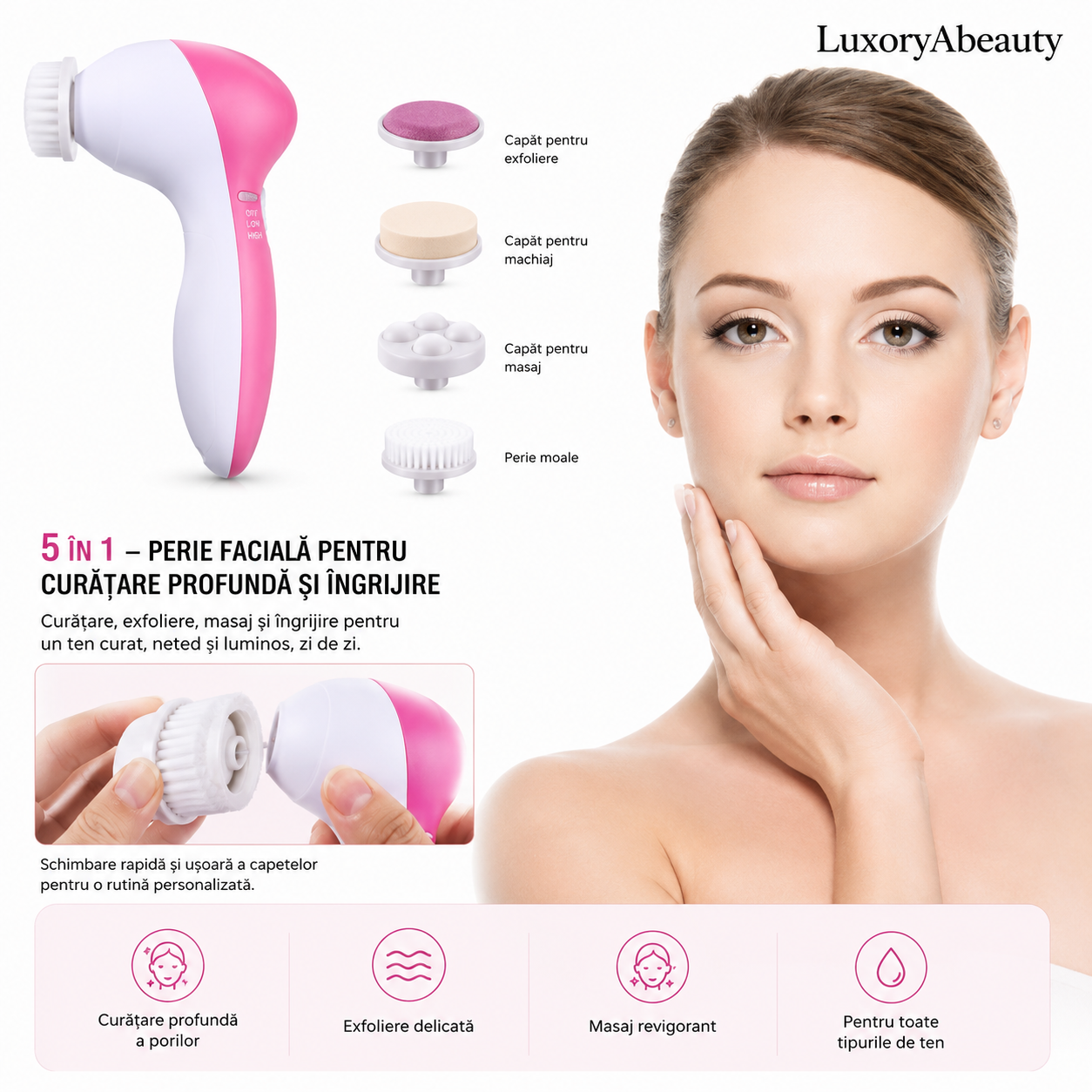 Perie Electrică pentru Curățare Ten - 5 Capete Interschimbabile, Sistem de Exfoliere, Masaj Facial și Tonifiere, Design Ergonomic