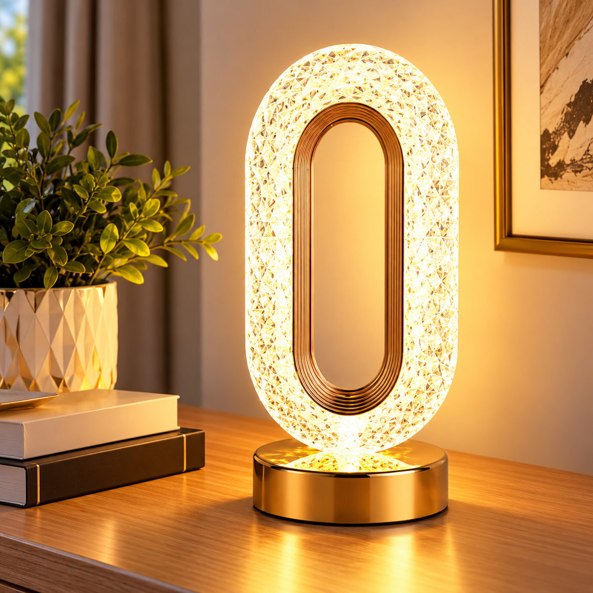 Lampă LED Decorativă 26x12x10cm, Ovală cu Suport si Touch Control, Model Cristal cu 3 Moduri de Lumina