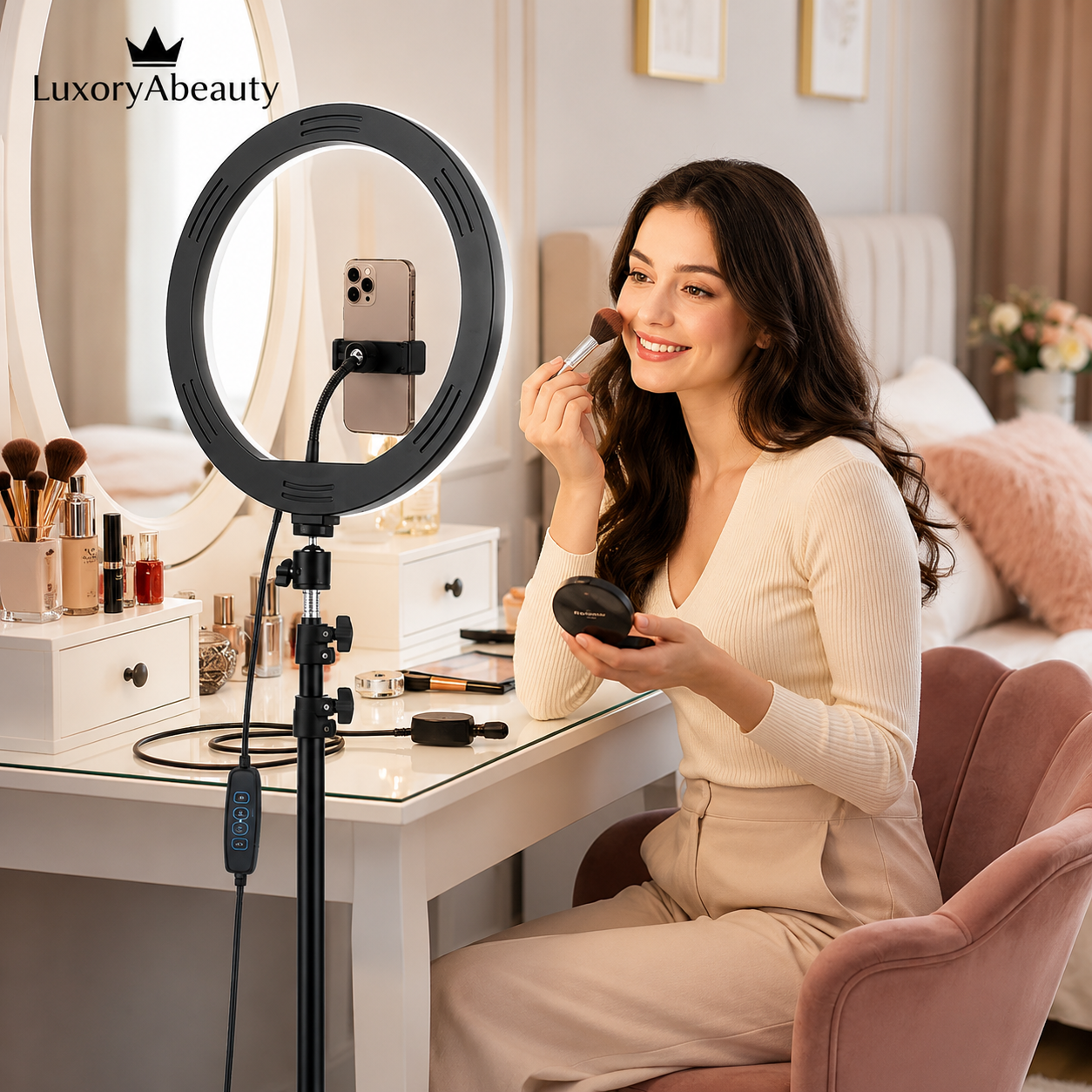 Lampa Circulară Ring Light DLUX - Diametru 33 cm, Trepied Profesional Reglabil până la 2.1 m, Suport Telefon Universal și 3 Moduri de Lumină: Iluminare Profesională pentru Machiaj, Foto-Video și Live