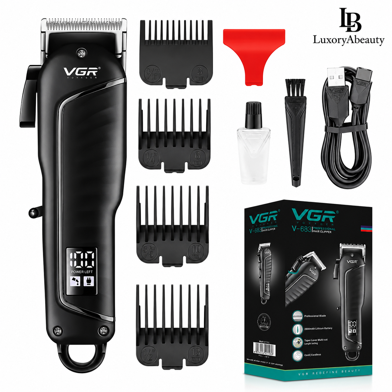 Aparat de Tuns Profesional VGR V-683 - 2000mAh, Lame din Oțel Inoxidabil, Autonomie 200 min, Încărcare USB, 4 Piepteni de Tăiere