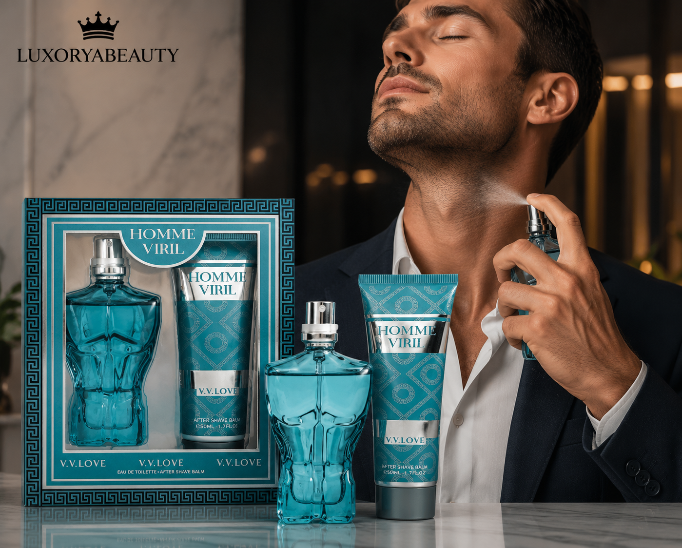 Set Cadou Bărbați Homme Viril V.V. Love – Parfum 30 ml + After Shave Balm 50 ml, Eleganță Masculină, Model VL3801-17