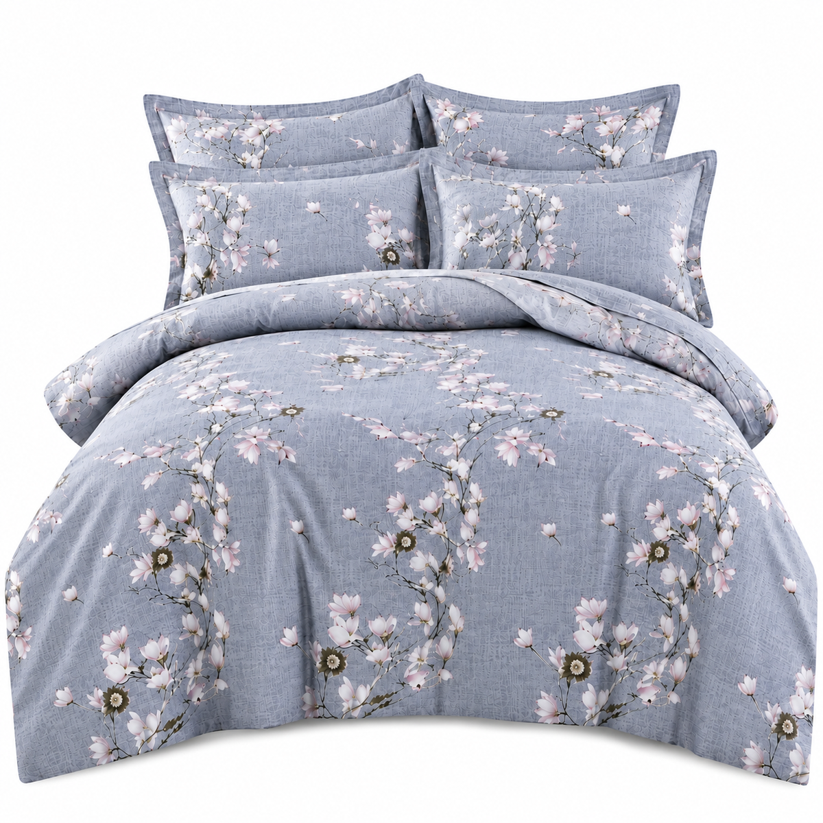 Lenjerie de Pat din Finet, 4 Piese, Model Floral, Gri