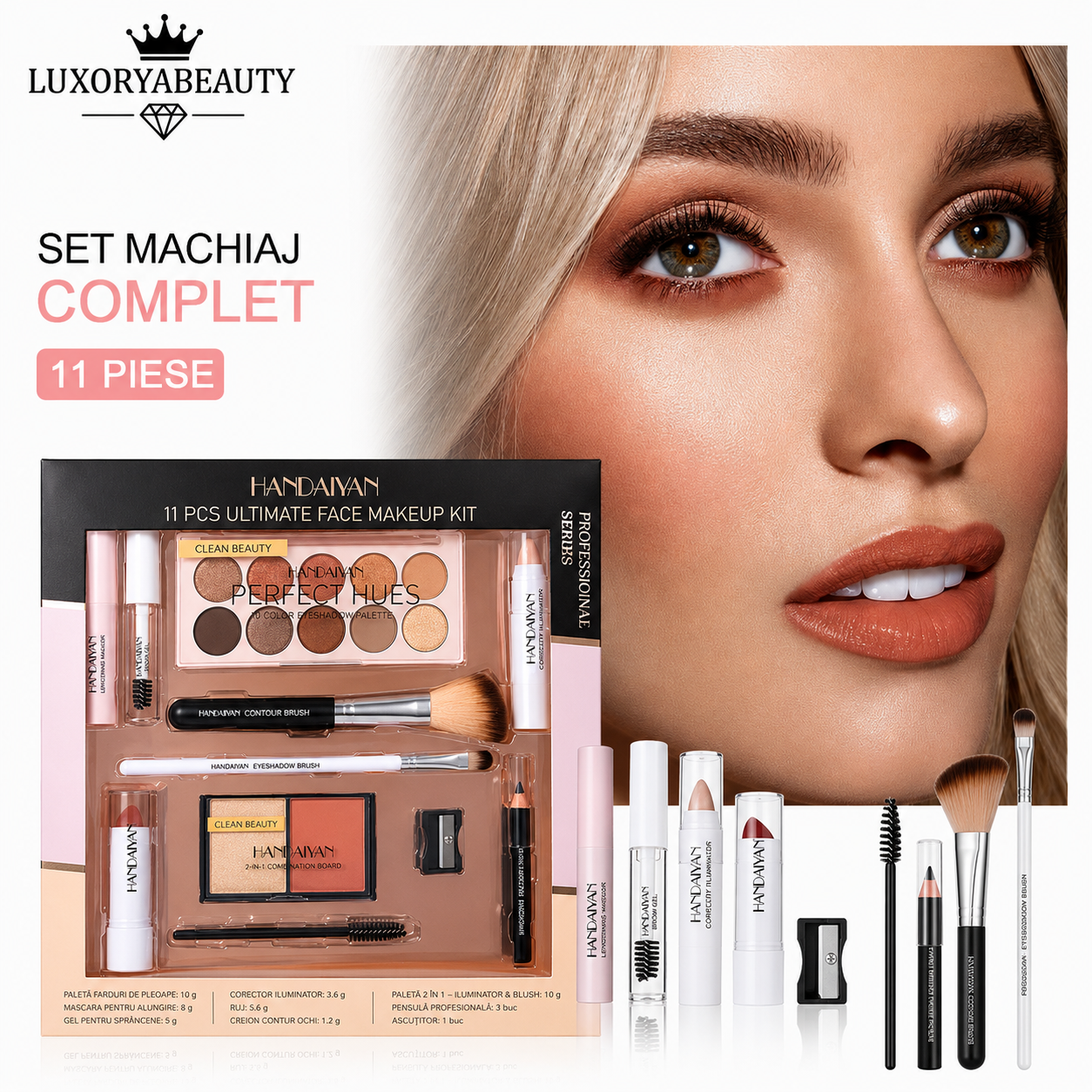 Set Machiaj Complet HANDAIYAN H9010 – 11 Produse Profesionale pentru Machiaj de Zi și Seară | Paletă Farduri, Mascara, Corector, Ruj și Accesorii