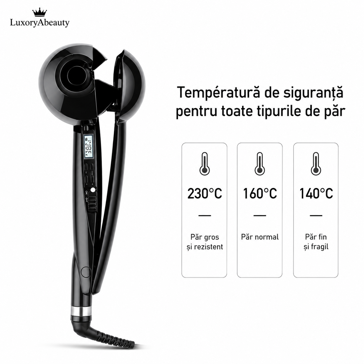 Ondulator de Păr Profesional LHENGYIN - Turmalină Ceramică, LCD, Control Temperatură 140-230°C, Cronometru Automat, Cablu Rotativ 360°