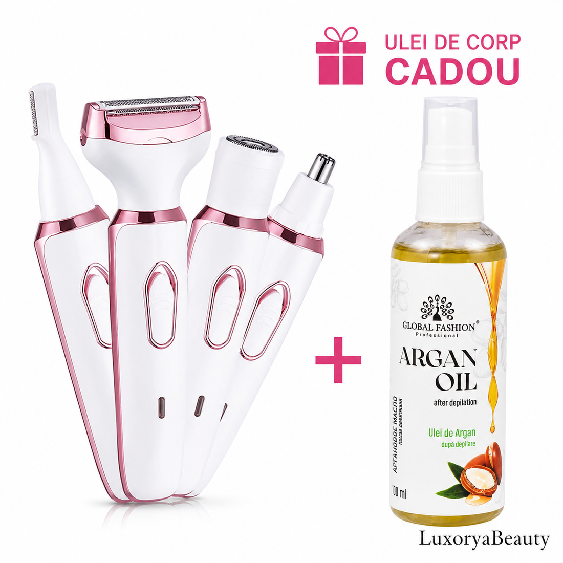 Aparat de Ras Electric 4-în-1 pentru Femei + Ulei de Corp Cadou | Epilator Facial și Corporal Reîncărcabil USB