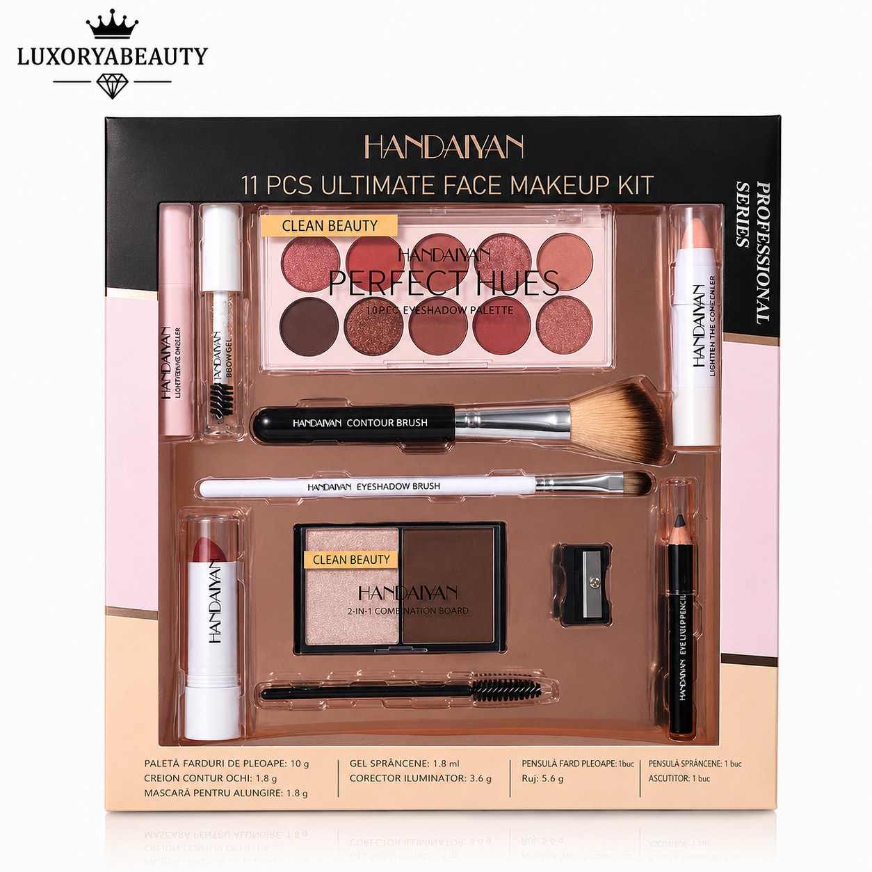 Set Machiaj Complet HANDAIYAN H9010 – 11 Produse Profesionale pentru Machiaj de Zi și Seară | Paletă Farduri, Mascara, Corector, Ruj și Accesorii