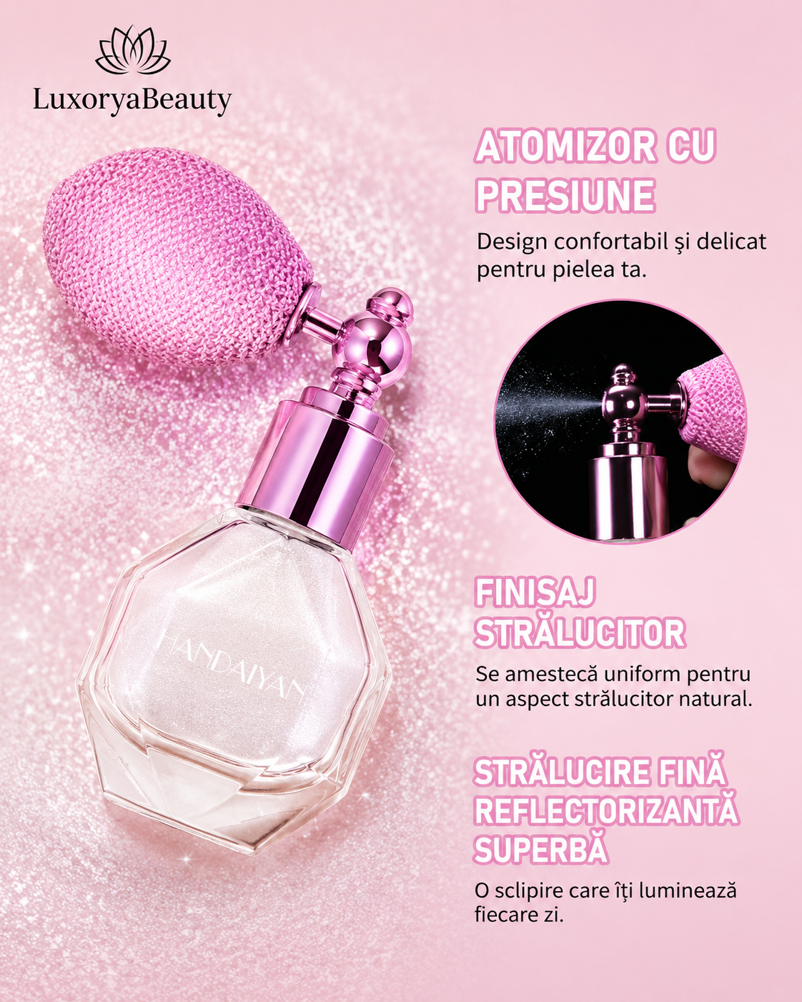 Iluminator cu Pulverizator Handaiyan Moonstone 01 Glitter pentru Față, Corp și Păr – Efect Shimmer Natural, Aplicare Tip Spray, 4.6g