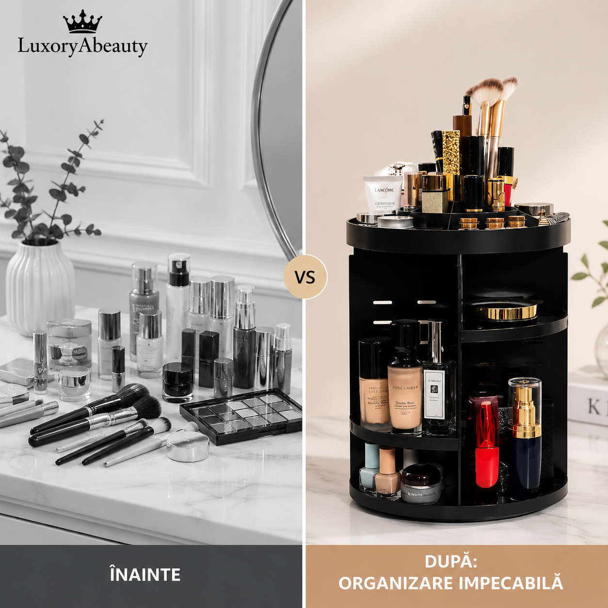 Organizator Cosmetice Rotativ 360° - Suport Multifuncțional pentru Machiaj, Parfumuri, Lacuri de Unghii și Accesorii, Spațios și Practic pentru Baie sau Dormitor
