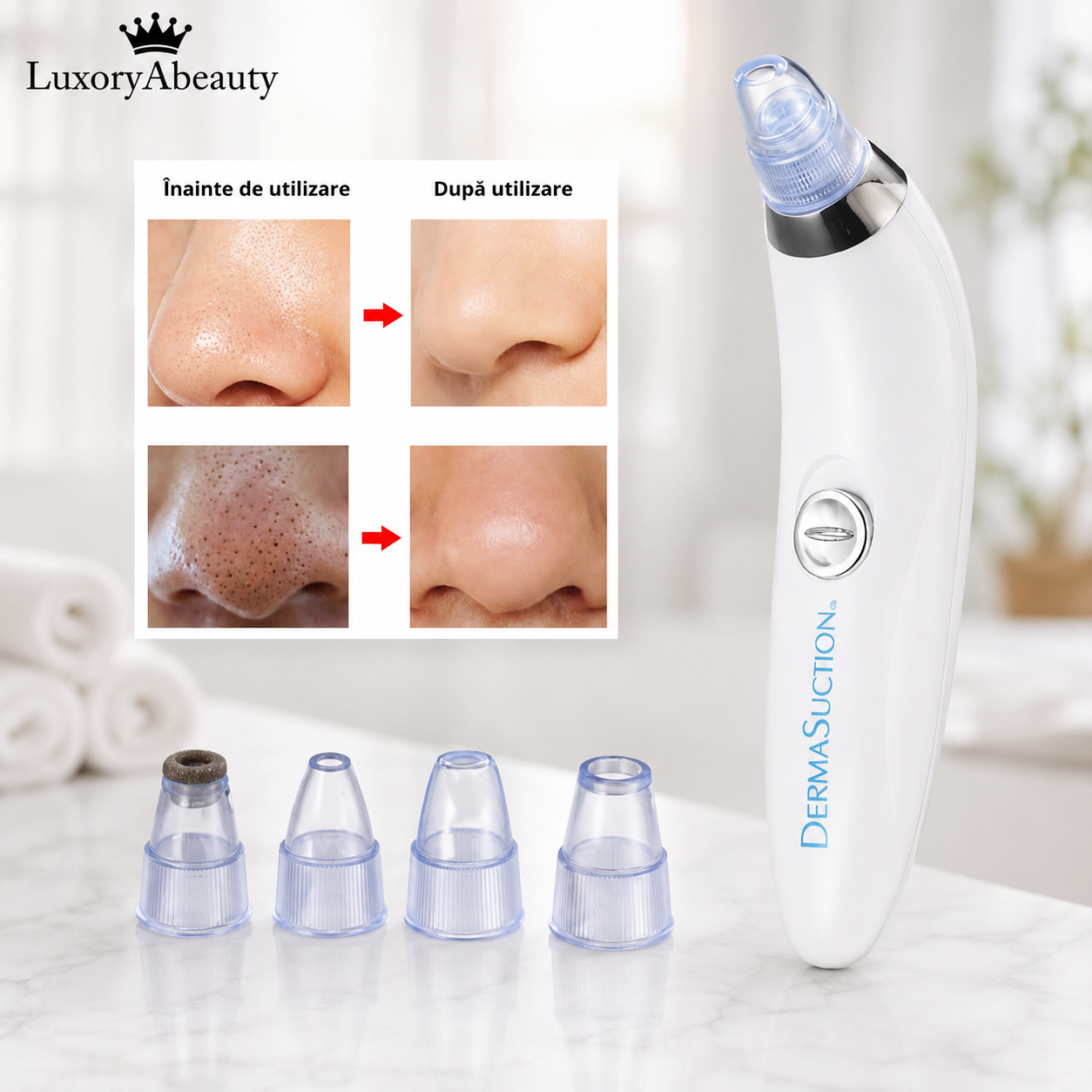 Aspirator Facial Derma Suction - 4 Capete de Curățare, Accesoriu Sonic Peeling și 2 Trepte de Aspirație: Ten Perfect, Fără Puncte Negre și Sebum
