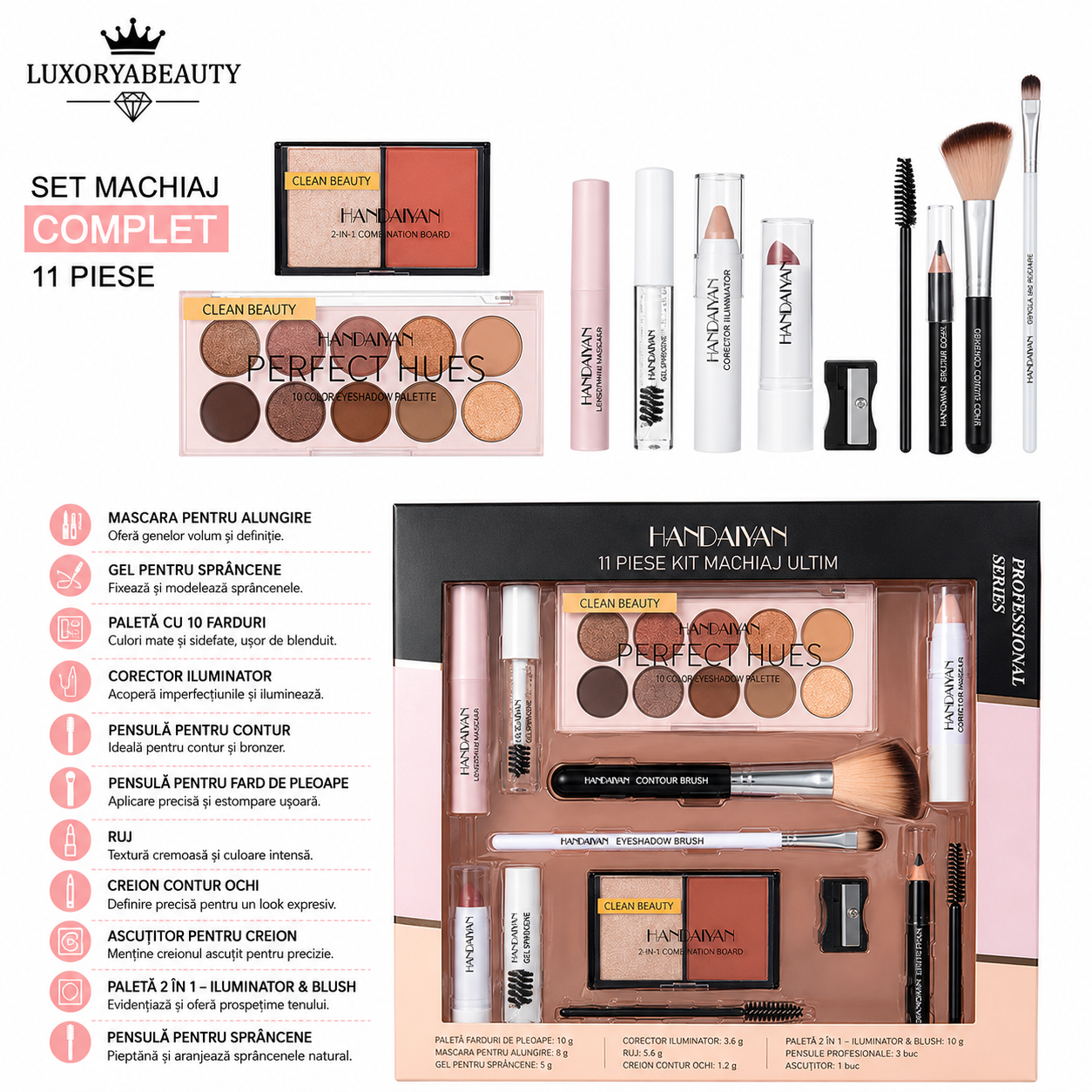 Set Machiaj Complet HANDAIYAN H9010 – 11 Produse Profesionale pentru Machiaj de Zi și Seară | Paletă Farduri, Mascara, Corector, Ruj și Accesorii