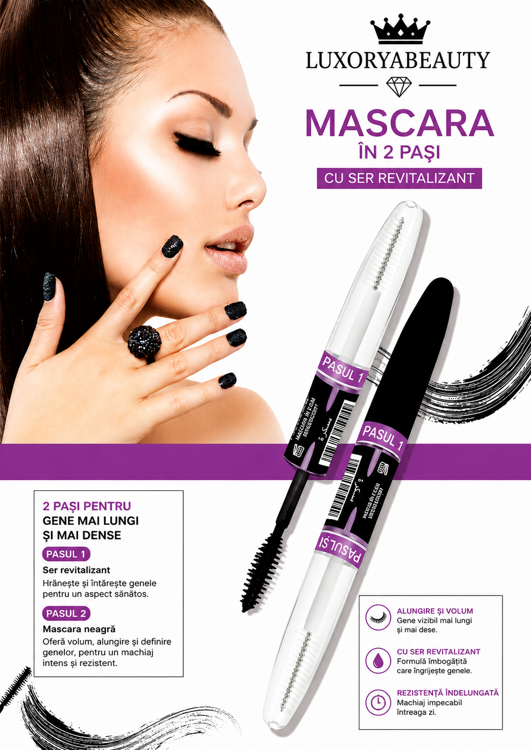 Mascara 2 Pași pentru Alungire Gene CEOO4 – Ser Revitalizant + Mascara pentru Volum, Definire Intensă și Gene Spectaculoase